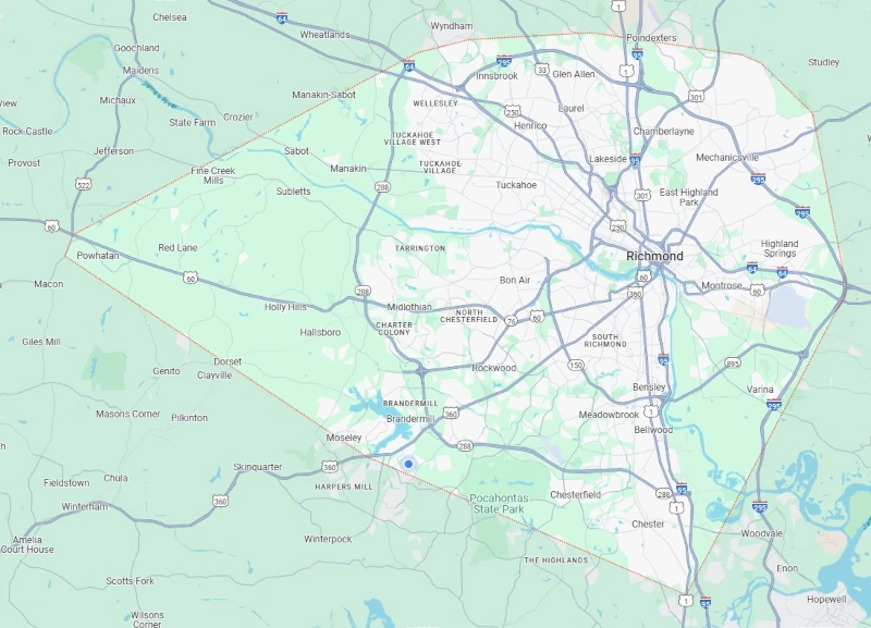 Google Map showing the service area of Nebula Construction around Richmond VA to include: Chesterfield VA, Henrico VA, Powhatan VA, Goochland VA. Google Map showing the service area of Nebula Construction around Richmond VA to include: Chesterfield VA, Henrico VA, Powhatan VA, Goochland VA.